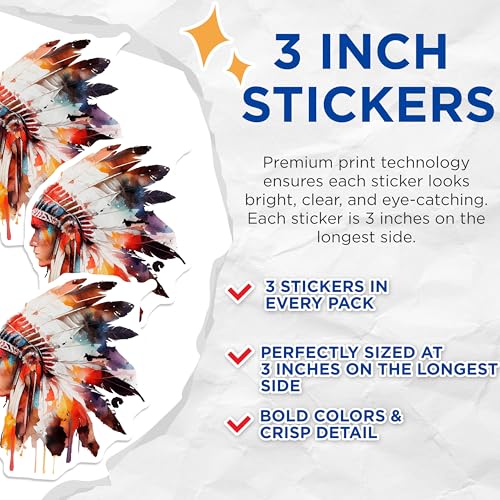 (3 Pack) Native American Decals - Watercolor Indian Chief - Tribal Headdress Stickers - 3 Inches On Longest Side - Easy Peel & Apply - Made in USA - 3MCS7779