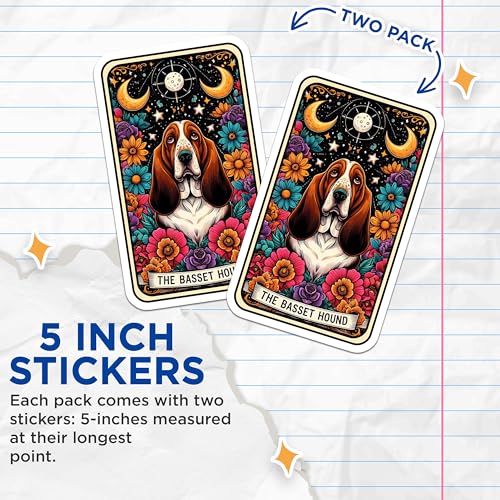 (2 Pack) Basset Hound Stickers - Dog Lover Sticker - Floral Dog Stickers - Unique Dog Vinyl Decals - 5" On Longest Side - Sticks to Smooth Flat Surfaces - Made in USA - BMCS4766