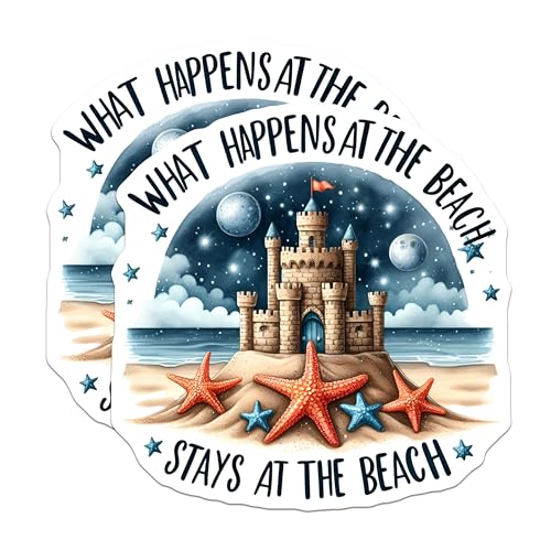 (2 Pack) What Happens at The Beach Stays at The Beach Stickers - 5" On Longest Side - Sticks to Smooth Flat Surfaces - Made in USA - BMCS9286 - BMCS9286