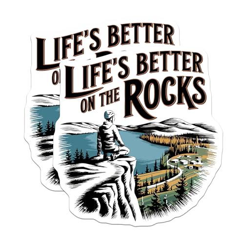 (2 Pack) Life's Better on The Rocks Stickers - Adventure Sticker - Outdoors Sticker - 5" On Longest Side - Sticks to Smooth Flat Surfaces - Made in USA - BMCS5804