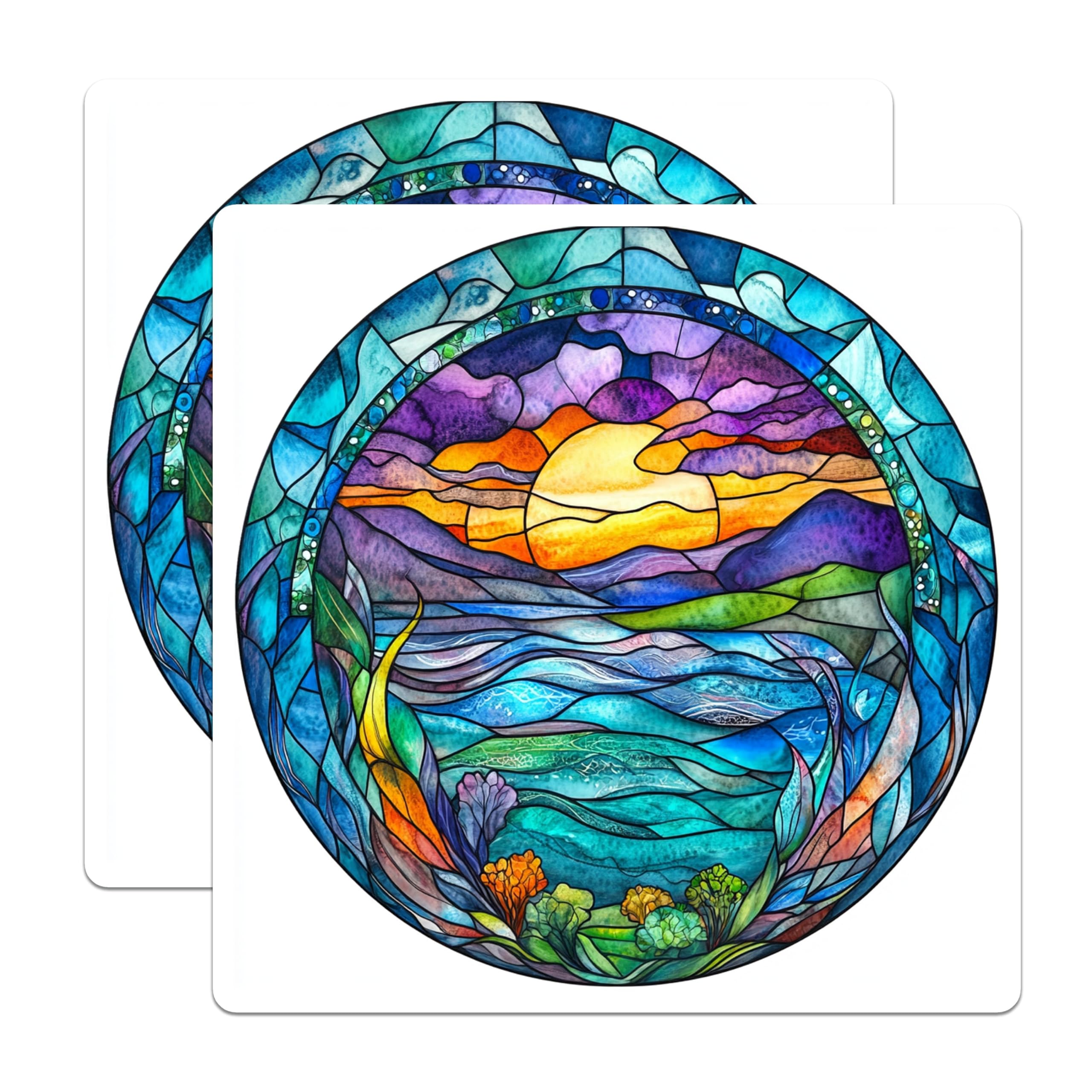 (2 Pack) Stained Glass Sunset Magnets - Coastal Decor - Art Lover Refrigerator Accent - 5 Inches On Longest Side - Thick Durable Magnet - Made in USA - MAG29035