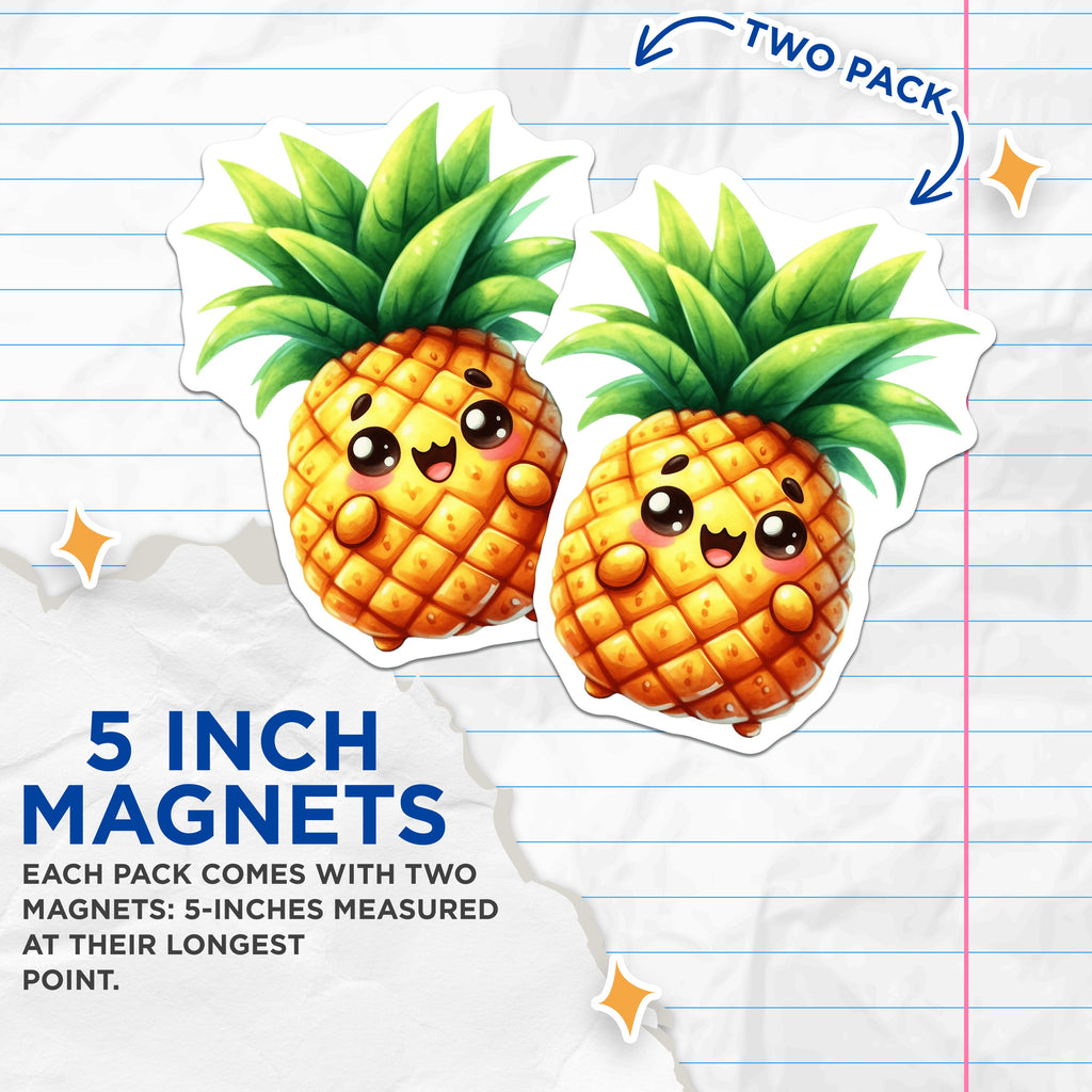 (2 Pack) Kawaii Pineapple Magnets - Cute Tropical Refrigerator Decor - Kitchen Locker Office Accent - 5 Inches On Longest Side - Thick Durable Magnet - Made in USA - MAG39510