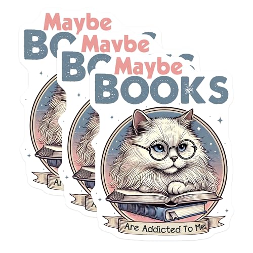(3 Pack) Book Lover Cat Decals - Maybe Books - Reading Cat - Laptop Decals- 3 Inches On Longest Side - Easy Peel & Apply - Made in USA - 3MCS5161