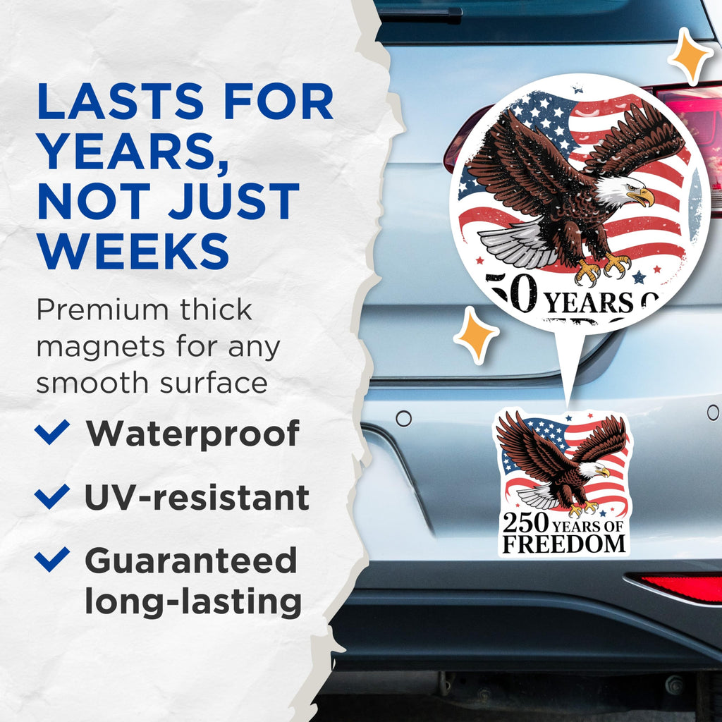 (2 Pack) Eagle American Flag Magnets - 250 Years Freedom - Patriotic USA Decoration - 5" On Longest Side - Premium Magnet - for Cars, Refrigerators, Toolboxes, Lockers - Made in USA - MAG15772