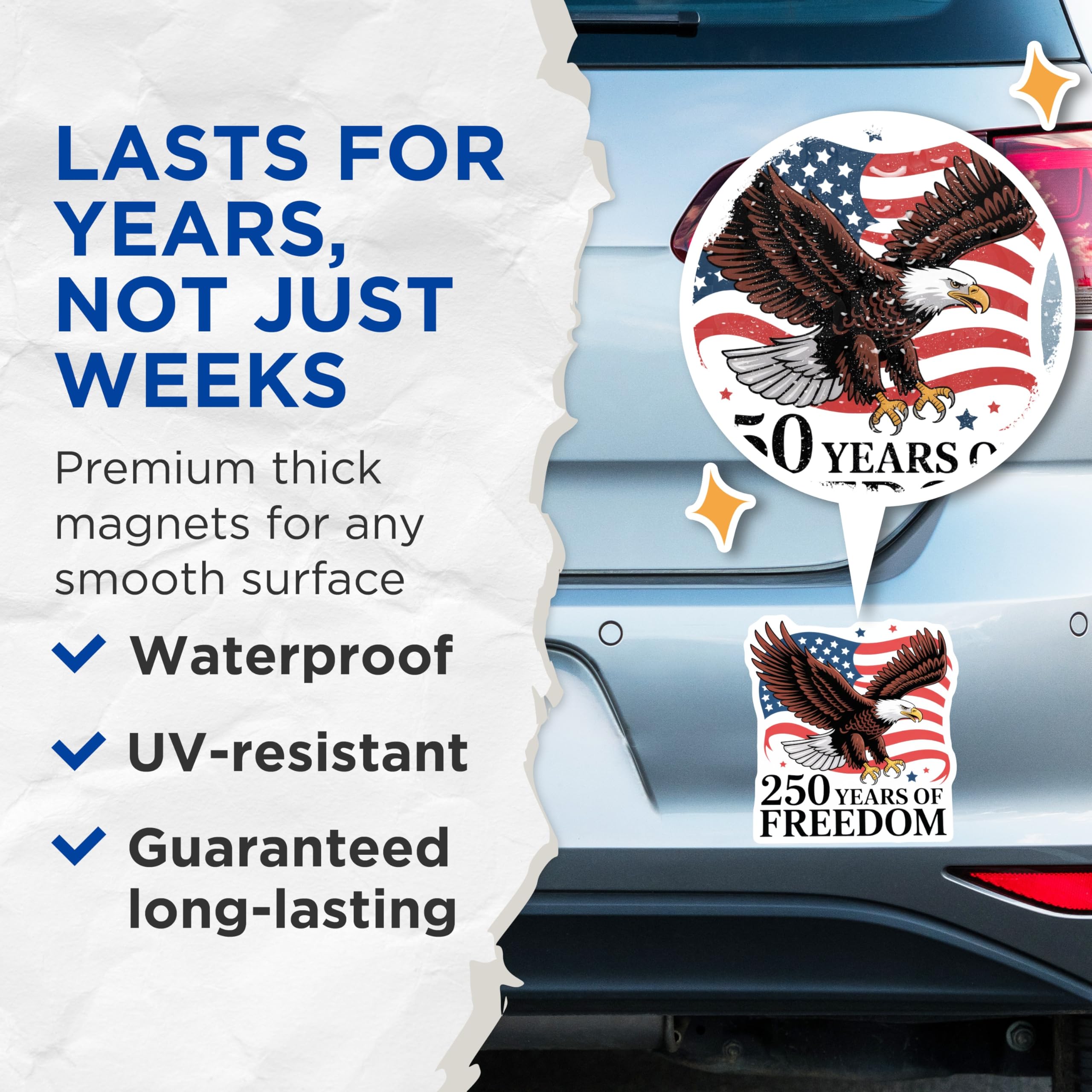 (2 Pack) Eagle American Flag Magnets - 250 Years Freedom - Patriotic USA Decoration - 5" On Longest Side - Premium Magnet - for Cars, Refrigerators, Toolboxes, Lockers - Made in USA - MAG15772