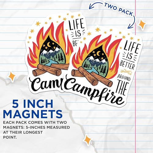 (2 Pack) Life is Better Around The Campfire Magnets - Mountain Scene Magnets - Camping Magnets - 5" On Longest Side - for Cars, Fridges, Toolboxes - Made in USA - MAG4064
