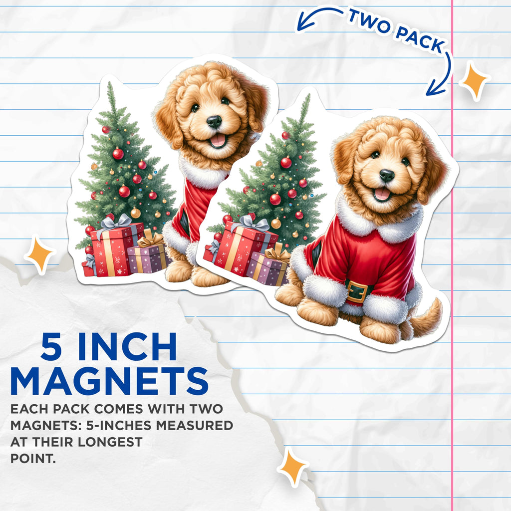 (2 Pack) Santa Goldendoodle Magnets - Christmas Puppy Decor - Holiday Fridge Magnets - 5 Inches On Longest Side - Thick Durable Magnet - Made in USA - MAG28502
