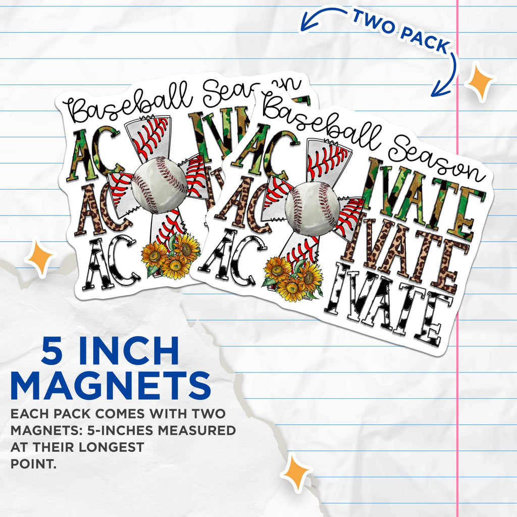 (2 Pack) Baseball Season Magnets - AC Nate Personalized Design - Camo Leopard Cow Print Sunflowers - 5 Inches On Longest Side - Thick Durable Magnet - Made in USA - MAG24631