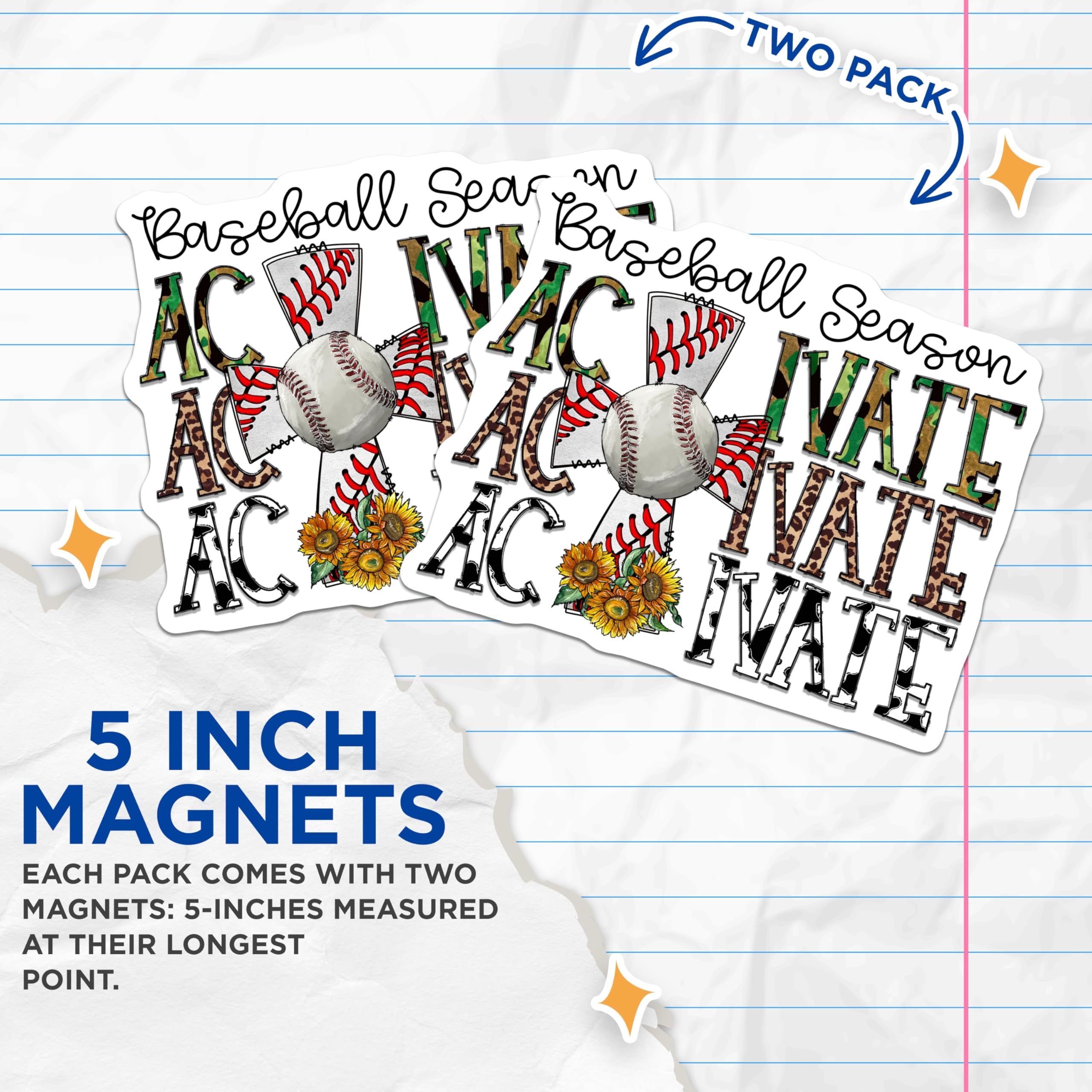 (2 Pack) Baseball Season Magnets - AC Nate Personalized Design - Camo Leopard Cow Print Sunflowers - 5 Inches On Longest Side - Thick Durable Magnet - Made in USA - MAG24631