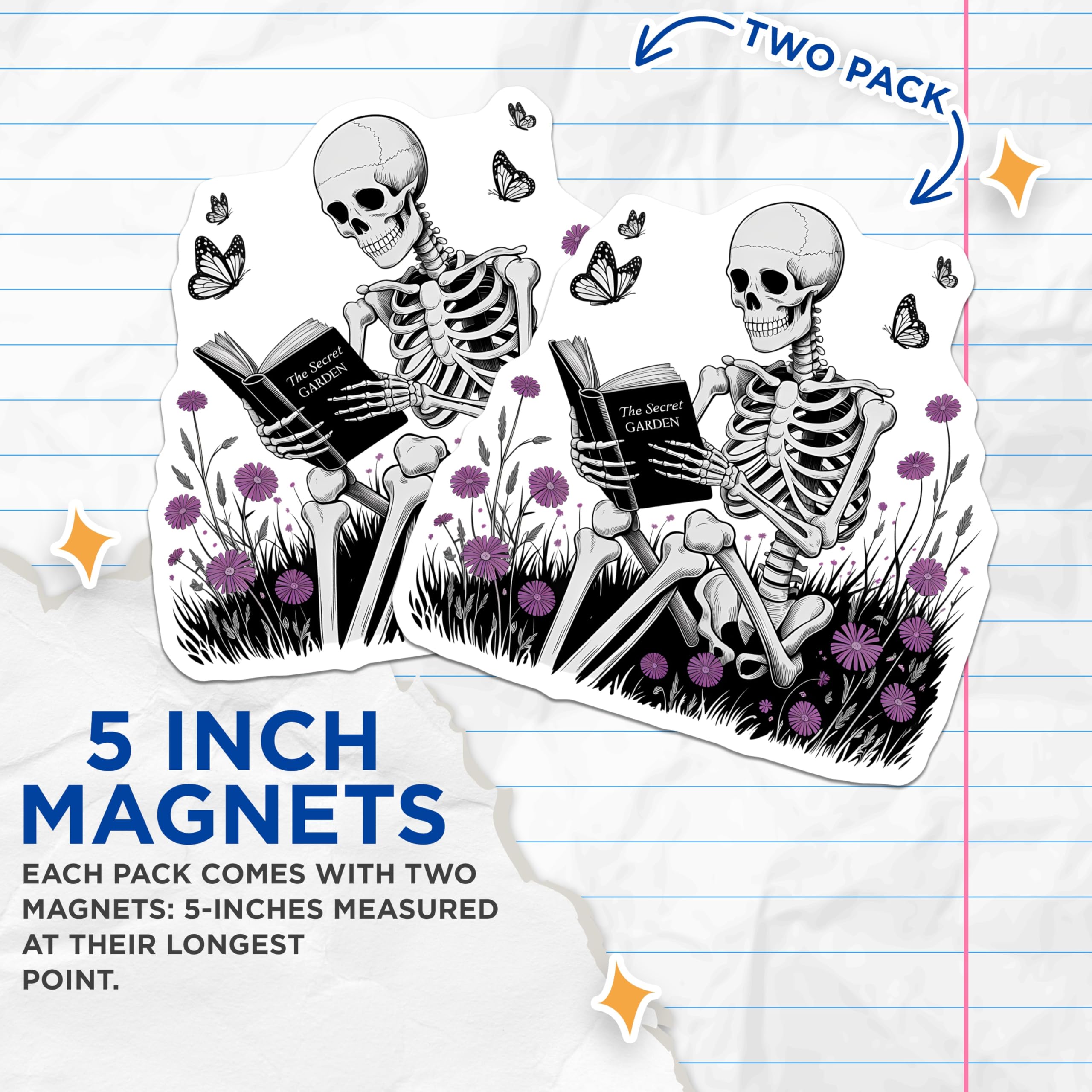 (2 Pack) Skeleton Reading Magnets - Secret Garden Book Art - Butterfly Floral Whimsy - Literary Gothic Decor - 5 Inches On Longest Side - Thick Durable Magnet - Made in USA - MAG20633