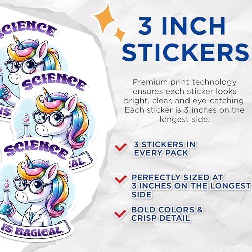 (3 Pack) Unicorn Scientist Decals - Science is Magical - Laptop Decal - Cute Rainbow Decal - 3 Inches On Longest Side - Easy Peel & Apply - Made in USA - 3MCS6828