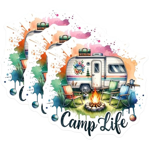 (3 Pack) Camp Life Decals - Camping RV - Bonfire Decor- 3 Inches On Longest Side - Easy Peel & Apply - Made in USA - 3MCS5853