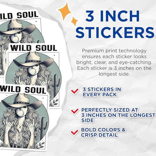 (3 Pack) Wild Soul Decals - Boho Laptop Decal - Rock On Cowgirl Western Decals- 3 Inches On Longest Side - Easy Peel & Apply - Made in USA - 3MCS5177