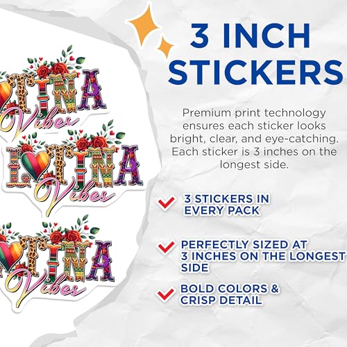 (3 Pack) Latina Vibes Decals - Hispanic Culture Sticker - Laptop Decal - 3 Inches On Longest Side - Easy Peel & Apply - Made in USA - 3MCS6985