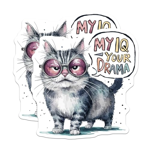 (2 Pack) Funny Cat Stickers - IQ Your Drama - Sarcastic Pet Humor - 5" On Longest Side - Sticks to Smooth Flat Surfaces - Made in USA - BMCS8558 - Laptop and Water Bottle Decoration
