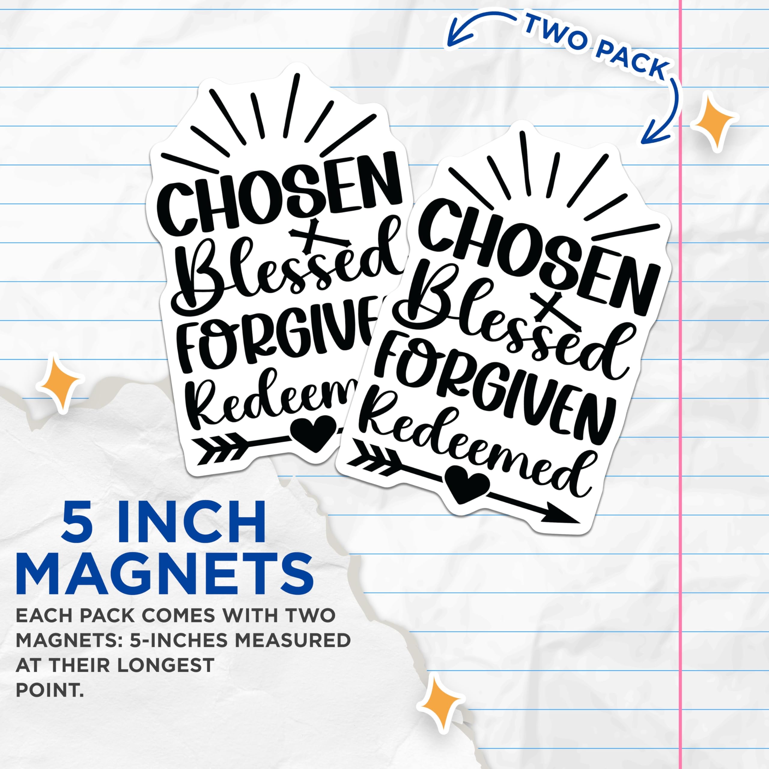 (2 Pack) Chosen Blessed Forgiven Redeemed Magnets - Christian Faith Inspiration - Religious Word Decor - 5 Inches On Longest Side - Thick Durable Magnet - Made in USA - MAG25405