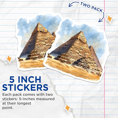 (2 Pack) Ancient Egypt Pyramid Stickers - Historical Landmark Stickers - Egyptian Themed Travel Stickers - 5" On Longest Side - Sticks to Smooth Flat Surfaces - Made in USA - BMCS5187