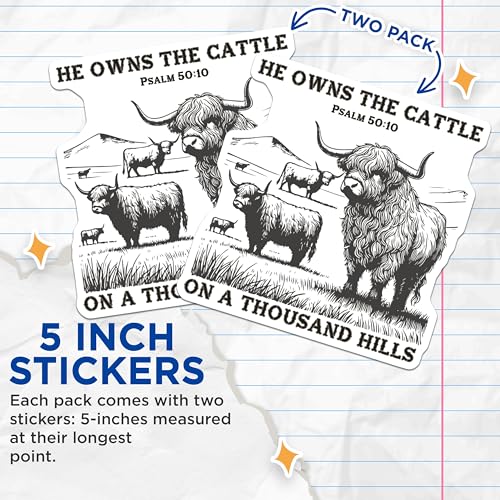 (2 Pack) He Owns The Cattle Stickers - Psalm 50:10 Stickers - Inspirational Faith Stickers - 5" On Longest Side - Sticks to Smooth Flat Surfaces - Made in USA - BMCS5969