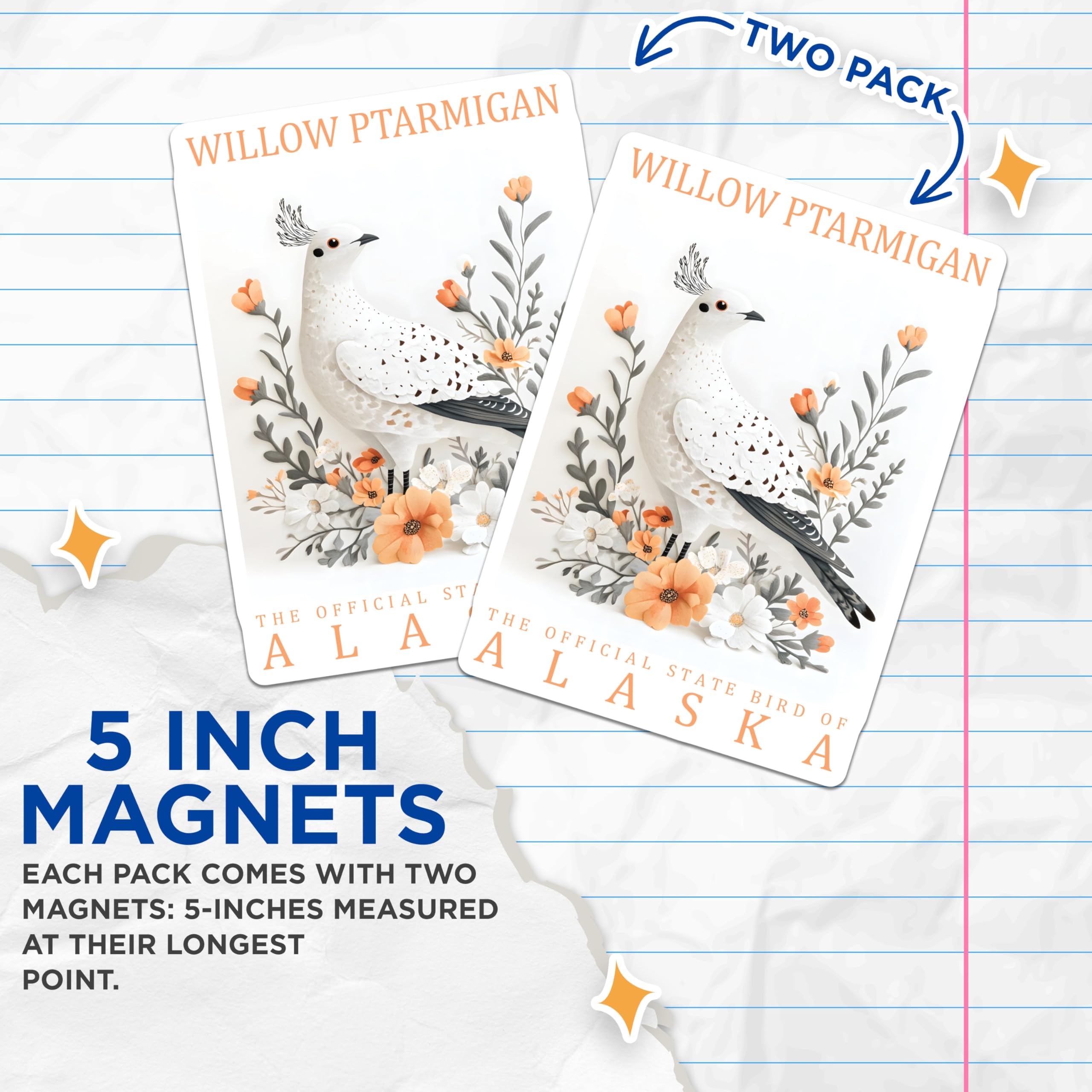 (2 Pack) Willow Ptarmigan Magnets - Alaska State Bird - Bird Lover Decor - 5" On Longest Side - Premium Magnet - for Cars, Refrigerators, Toolboxes, Lockers - Made in USA - MAG17978