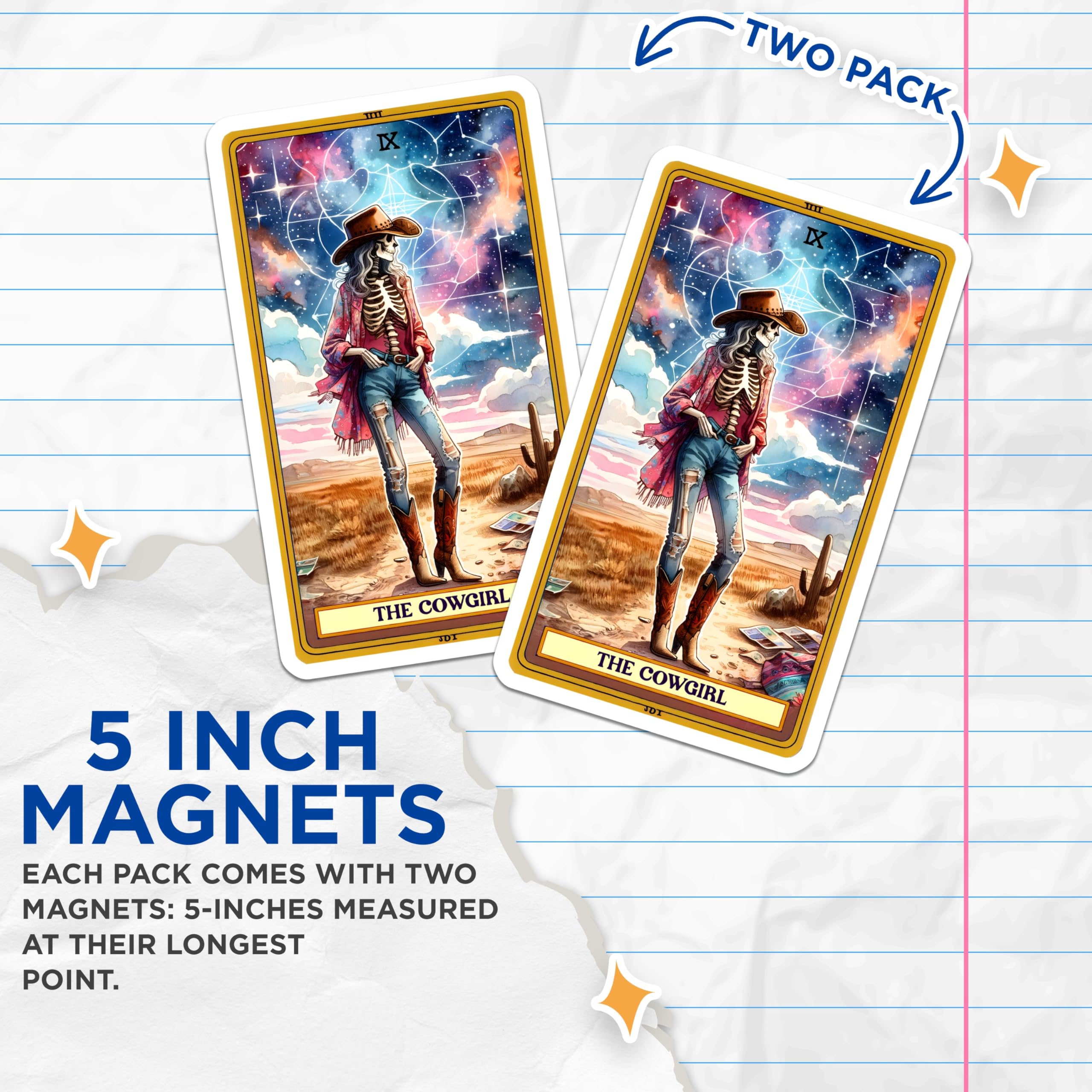 (2 Pack) Cosmic Cowgirl Skeleton Tarot Magnets - Western Aesthetic Decor - Unique Alt Style Accessory - 5 Inches On Longest Side - Thick Durable Magnet - Made in USA - MAG30715