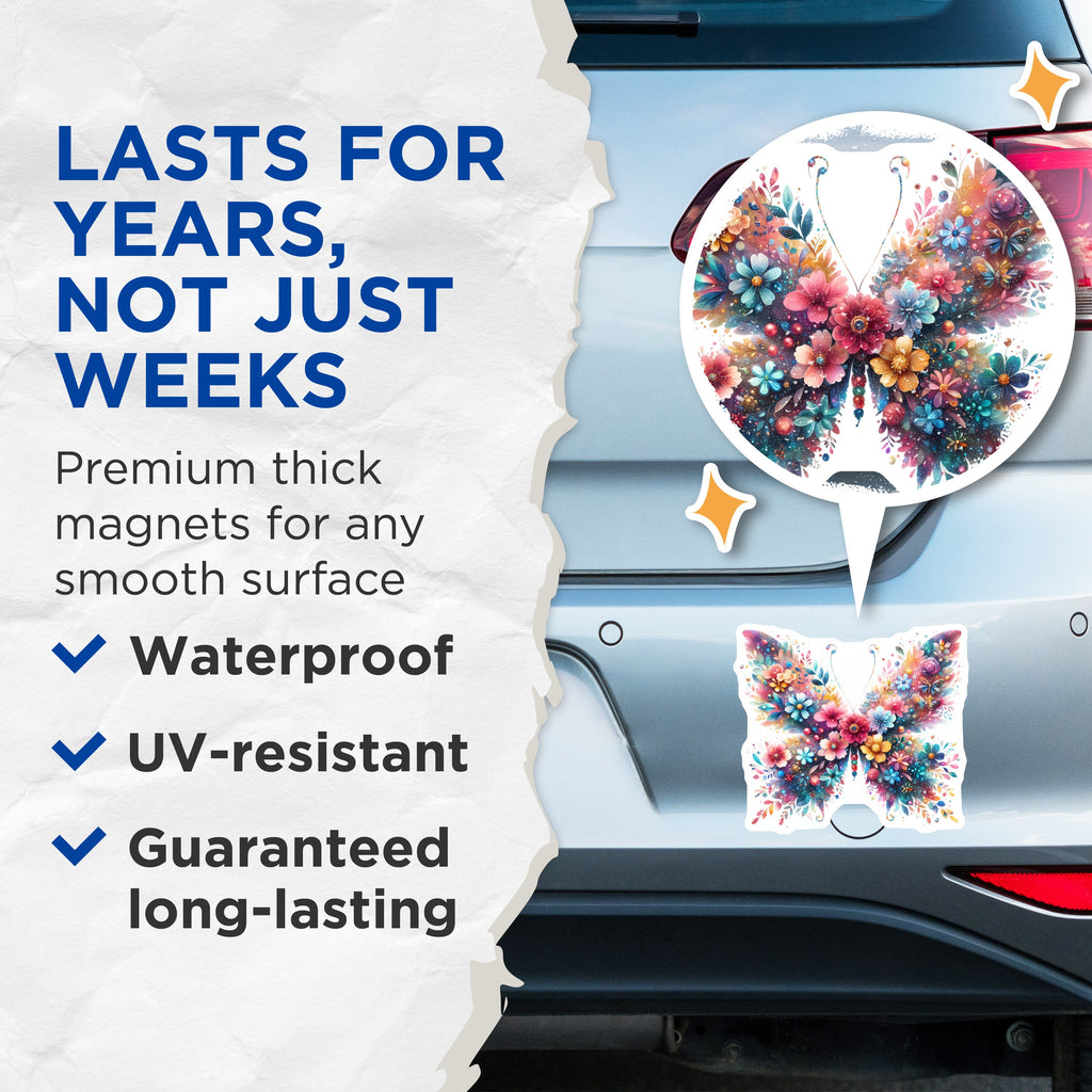 (2 Pack) Floral Butterfly Magnets - Vibrant Flower Nature - Whimsical Refrigerator Decor - 5 Inches On Longest Side - Thick Durable Magnet - Made in USA - MAG37782