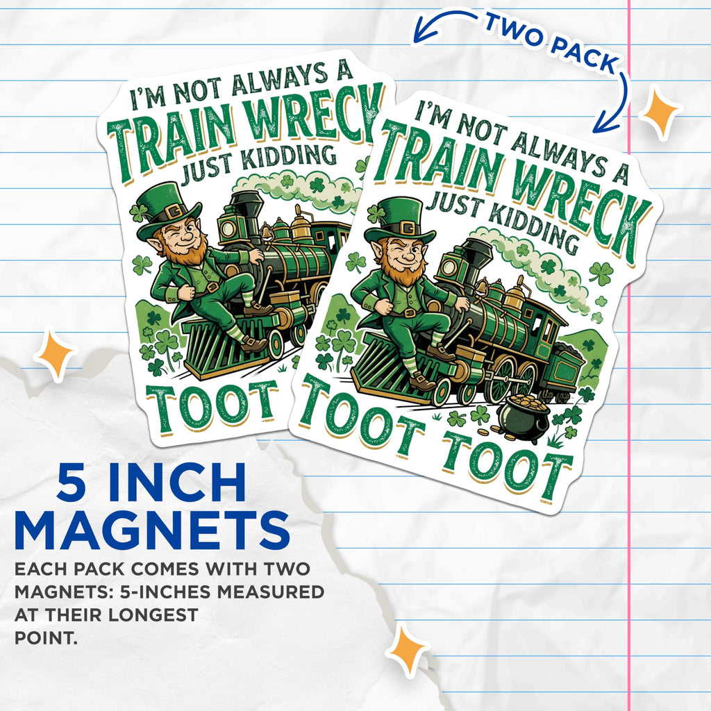 (2 Pack) Leprechaun Train Magnets - Irish Luck - Saint Patrick's Day Decoration - 5" On Longest Side - Premium Magnet - for Cars, Refrigerators, Toolboxes, Lockers - Made in USA - MAG16668
