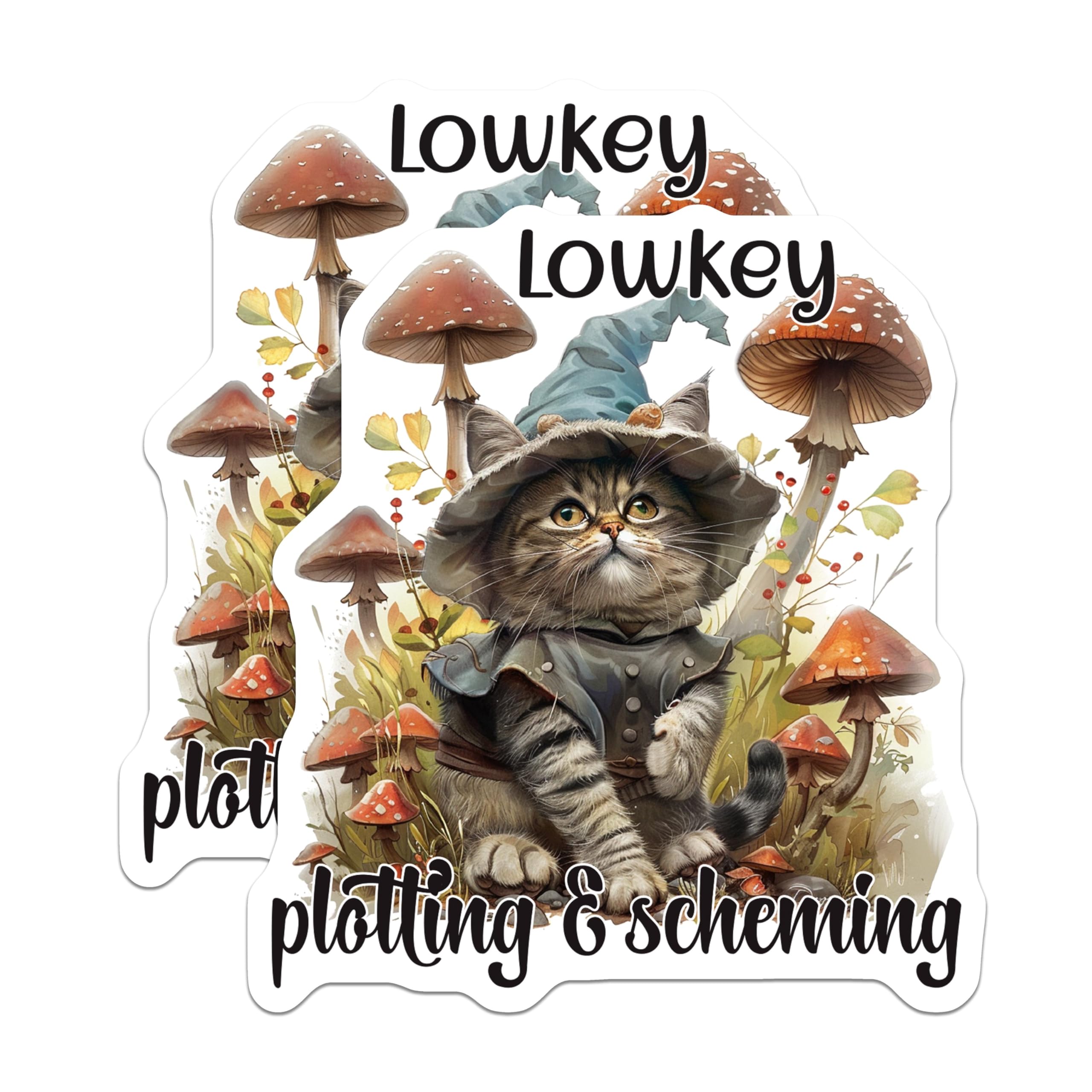 (2 Pack) Cute Cat Stickers - Witch Cat Stickers - Fantasy Cat Stickers Mushroom - 5" On Longest Side - Sticks to Smooth Flat Surfaces - Made in USA - BMCS4342