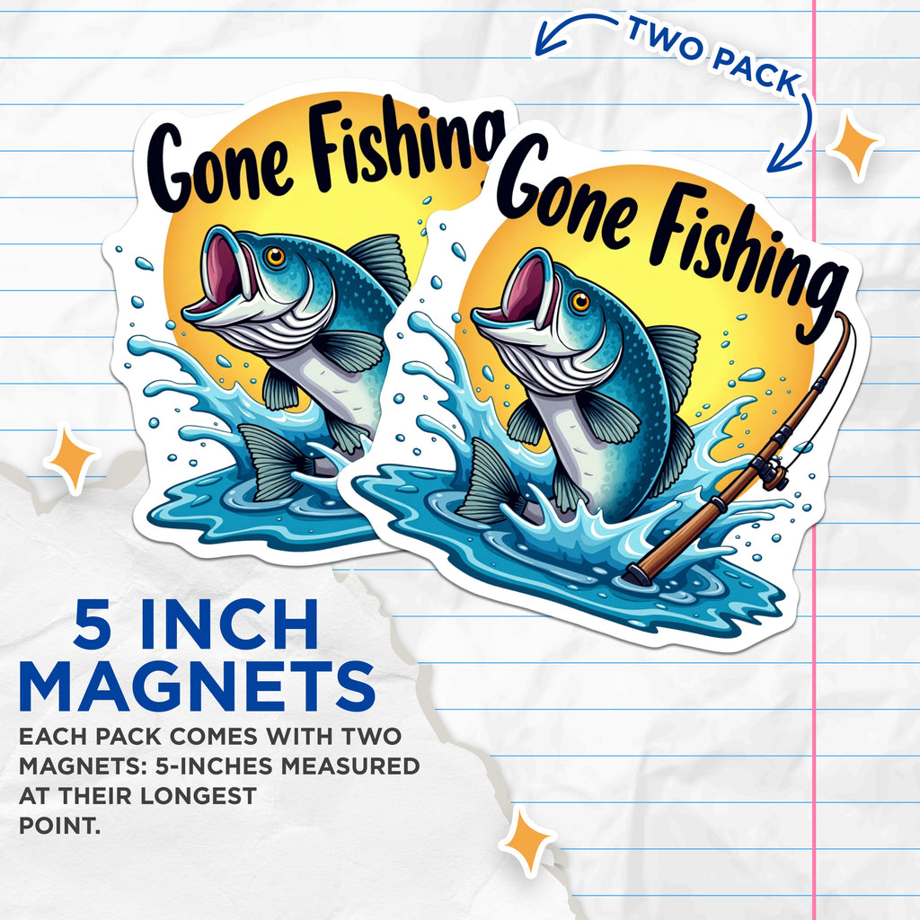 (2 Pack) Gone Fishing Magnets - Bass Fish Jumping - Fisherman Refrigerator Decor - Lake House Cabin Art - 5 Inches On Longest Side - Thick Durable Magnet - Made in USA - MAG39620