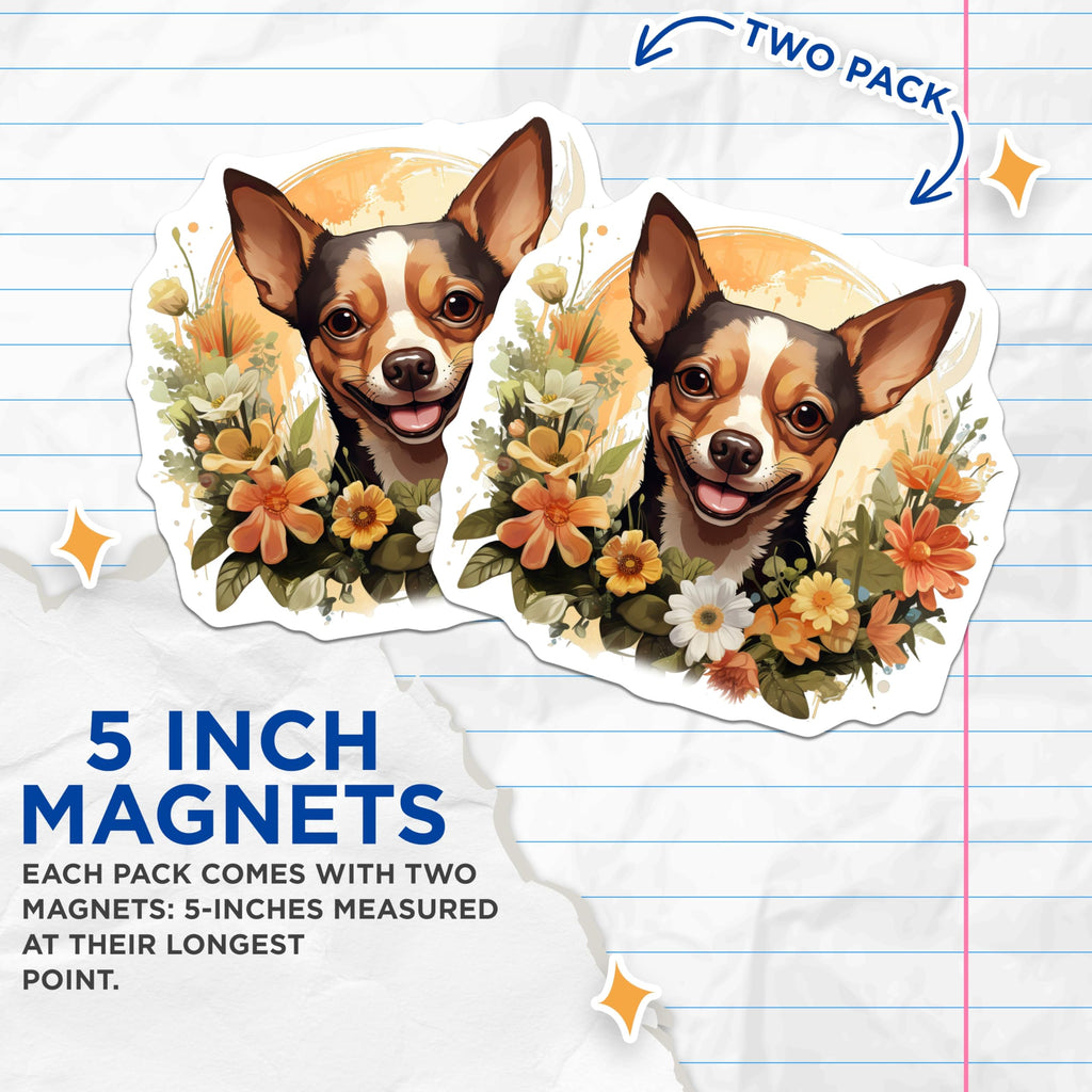 (2 Pack) Chihuahua Floral Magnets - Cute Dog Pet Mom Refrigerator Decor - Animal Lover Car Truck Locker Magnets - 5 Inches On Longest Side - Thick Durable Magnet - Made in USA - MAG29016