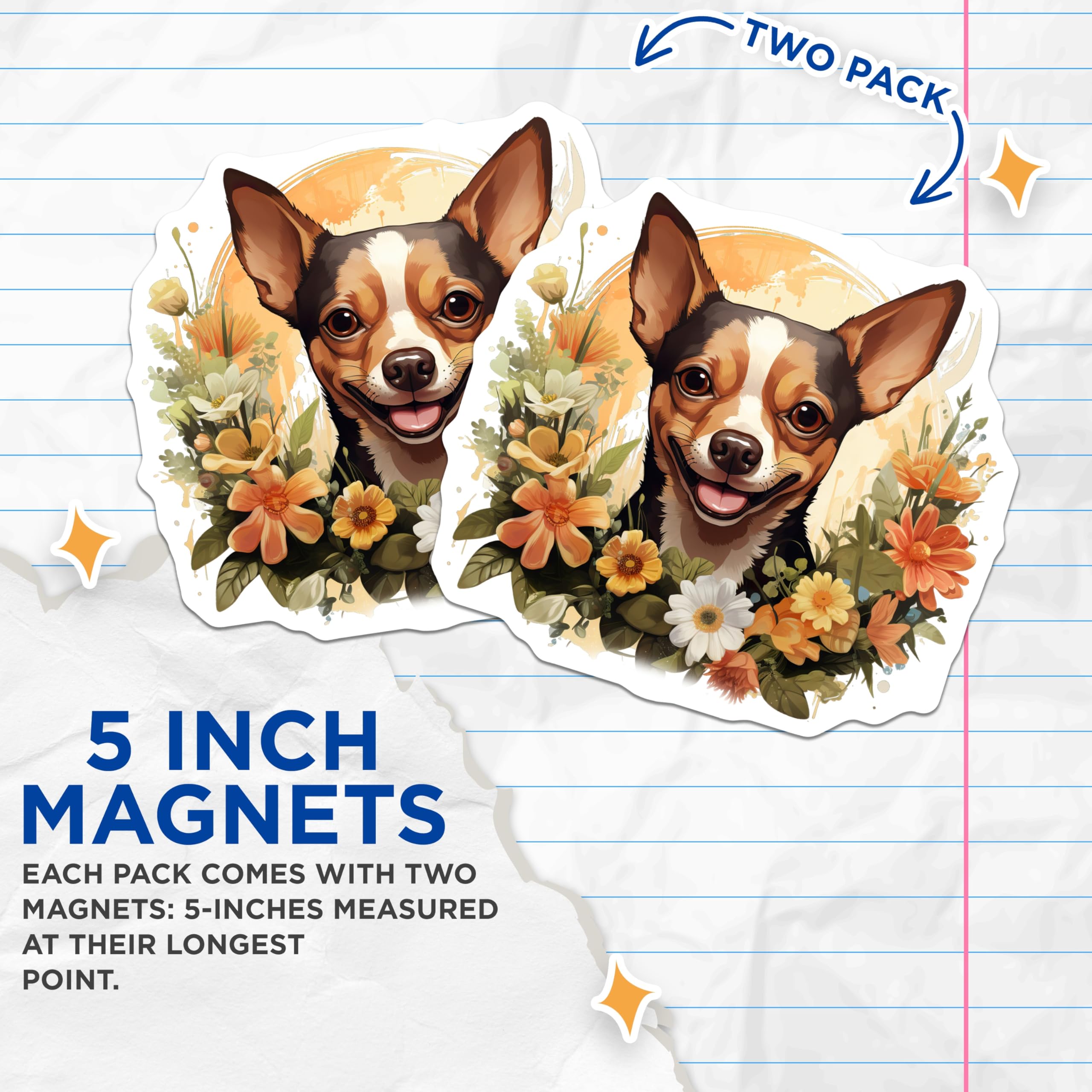 (2 Pack) Chihuahua Floral Magnets - Cute Dog Pet Mom Refrigerator Decor - Animal Lover Car Truck Locker Magnets - 5 Inches On Longest Side - Thick Durable Magnet - Made in USA - MAG29016