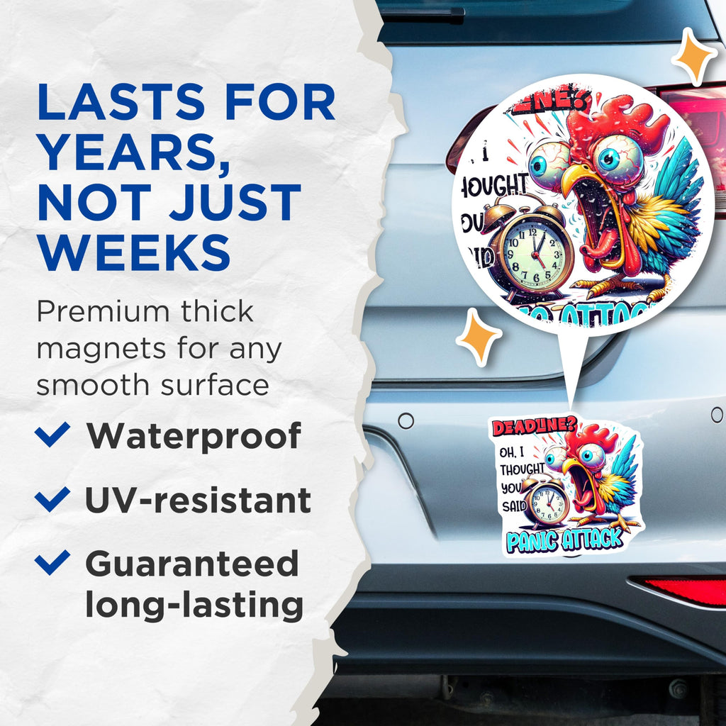 (2 Pack) Panic Attack Magnets - Funny Deadline Humor - Stress Relief Rooster - 5 Inches On Longest Side - Thick Durable Magnet - Made in USA - MAG20574