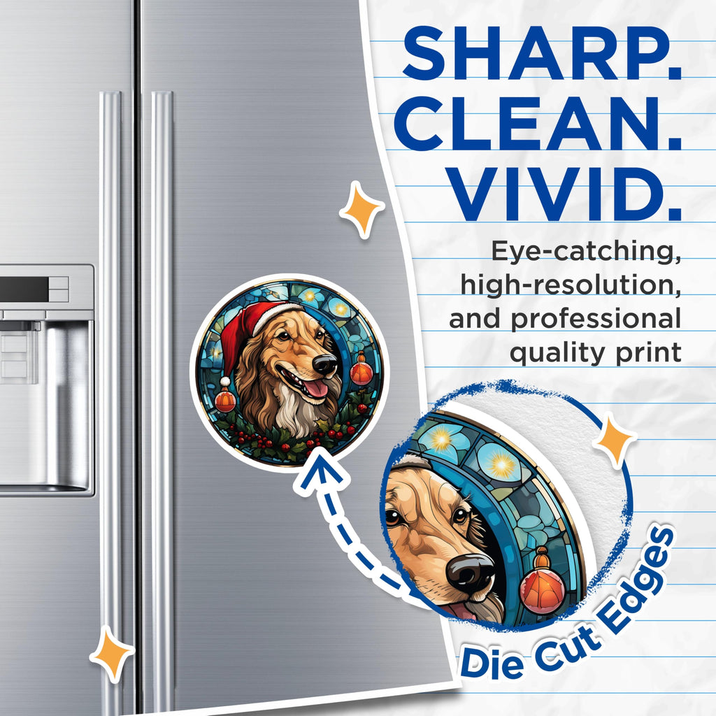 (2 Pack) Christmas Dog Magnets - Festive Golden Retriever Stained Glass Artwork - Holiday Pet Lover Decor Fridge Locker - 5 Inches On Longest Side - Thick Durable Magnet - Made in USA - MAG23659
