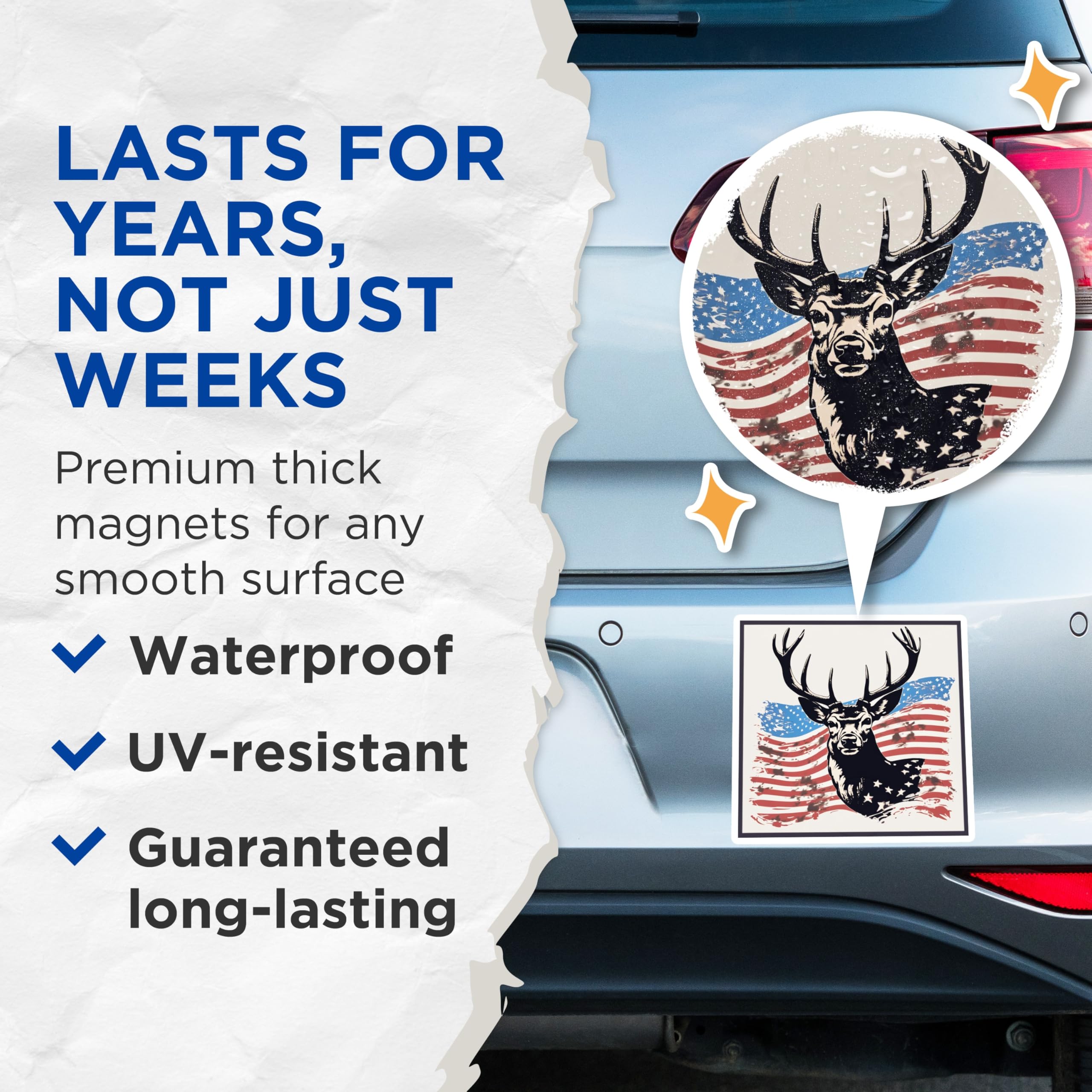 (2 Pack) Patriotic Deer Magnets - American Flag Buck Decor - Hunter Refrigerator Magnets - 5 Inches On Longest Side - Thick Durable Magnet - Made in USA - MAG19697
