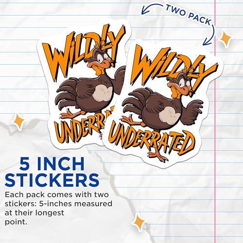 (2 Pack) Wildly Underrated Stickers - Cartoon Bird Stickers - Fun and Vibrant Animal Stickers - 5" On Longest Side - Sticks to Smooth Flat Surfaces - Made in USA - BMCS4081