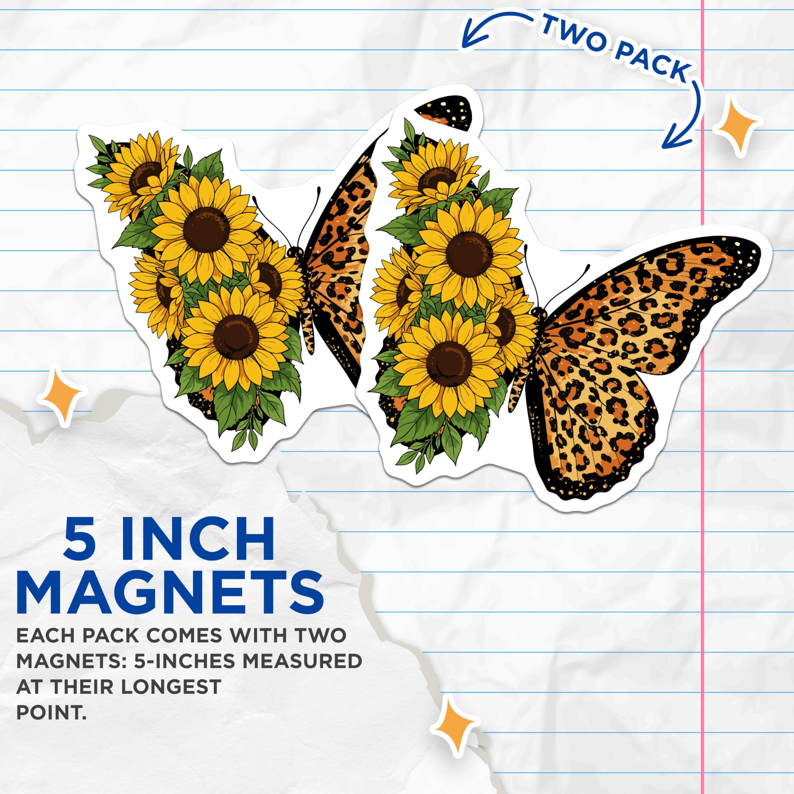 (2 Pack) Sunflower Butterfly Magnets - Leopard Print Butterfly - Floral Decorative Magnets - 5" On Longest Side - Premium Magnet - for Cars, Refrigerators, Toolboxes, Lockers - Made in USA - MAG16832