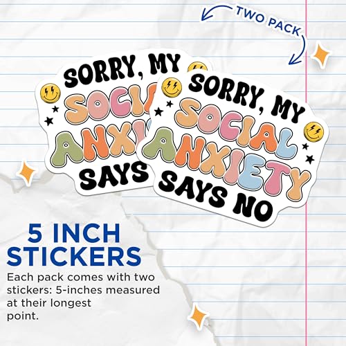 (2 Pack) Funny Social Anxiety Stickers - Humor Saying - Mental Health Awareness - 5" On Longest Side - Sticks to Smooth Flat Surfaces - Made in USA - BMCS7669