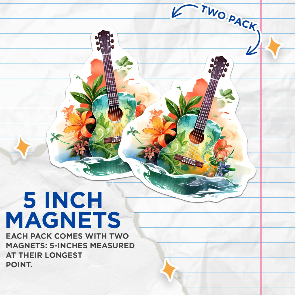 (2 Pack) Tropical Guitar Magnets - Watercolor Music Decor - Aesthetic Kitchen Magnets - 5 Inches On Longest Side - Thick Durable Magnet - Made in USA - MAG23231