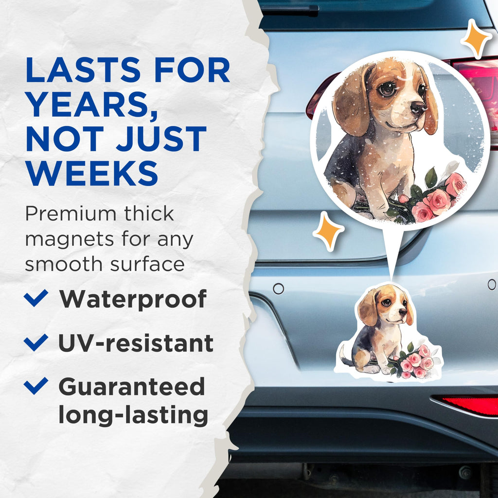 (2 Pack) Beagle Dog Magnets - Puppy with Flowers - Cute Pet Refrigerator Magnets - 5" On Longest Side - Premium Magnet - for Cars, Refrigerators, Toolboxes, Lockers - Made in USA - MAG16788