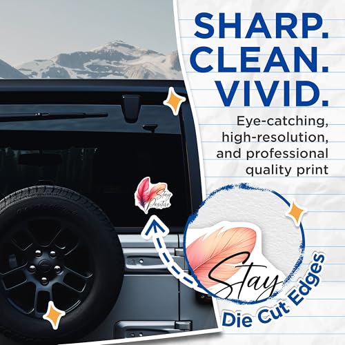 (2 Pack) Stay Positive Stickers - Inspirational Quote - Feather Design Decals - 5" On Longest Side - Sticks to Smooth Flat Surfaces - Made in USA - BMCS7543