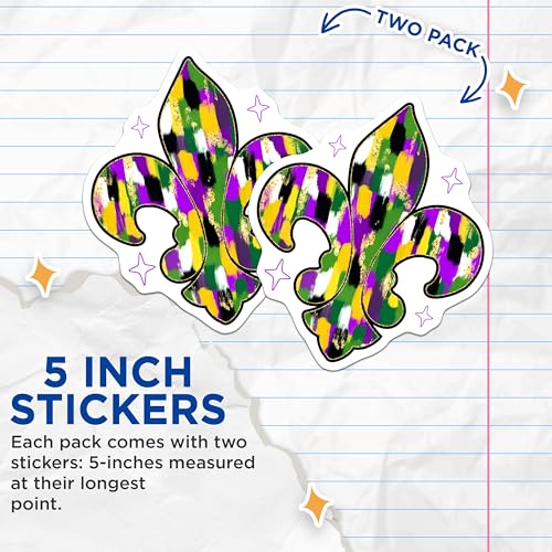 (2 Pack) Fleur De Lis Stickers - New Orleans Inspired Stickers - Colorful Mardi Gras Stickers - 5" On Longest Side - Sticks to Smooth Flat Surfaces - Made in USA - BMCS9890