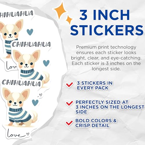 (3 Pack) Chihuahua Decals - Cute Dog Stickers - Love Decals - 3 Inches On Longest Side - Easy Peel & Apply - Made in USA - 3MCS6060