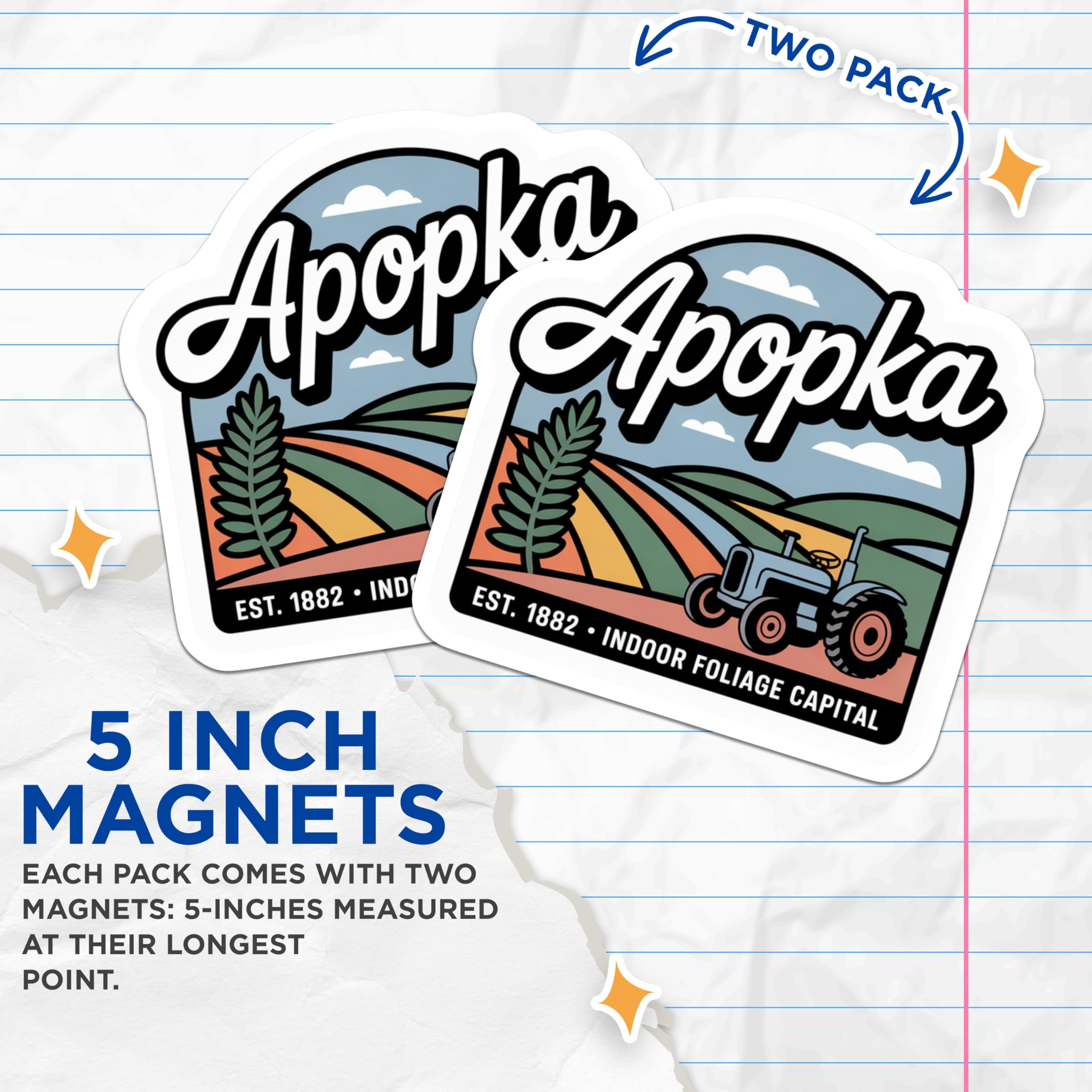 (2 Pack) Apopka Florida Magnets - Tractor Landscape Art - City Souvenir Fridge Magnets - 5" On Longest Side - Premium Magnet - for Cars, Refrigerators, Toolboxes, Lockers - Made in USA - MAG18188