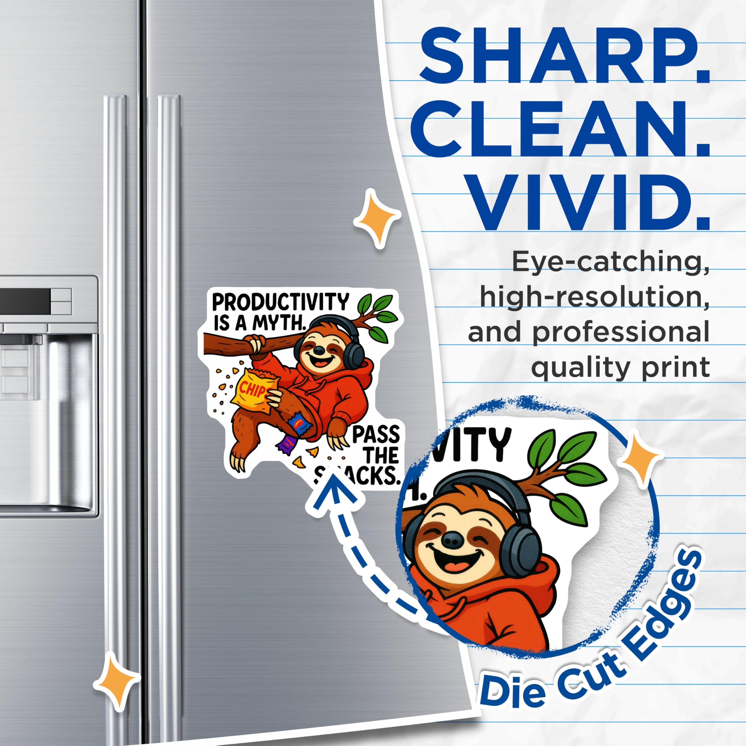 (2 Pack) Amusing Sloth Character Magnets - Productivity is A Myth Pass The Snacks Humor - Chill Animal Fridge Decor - 5 Inches On Longest Side - Thick Durable Magnet - Made in USA - MAG21794