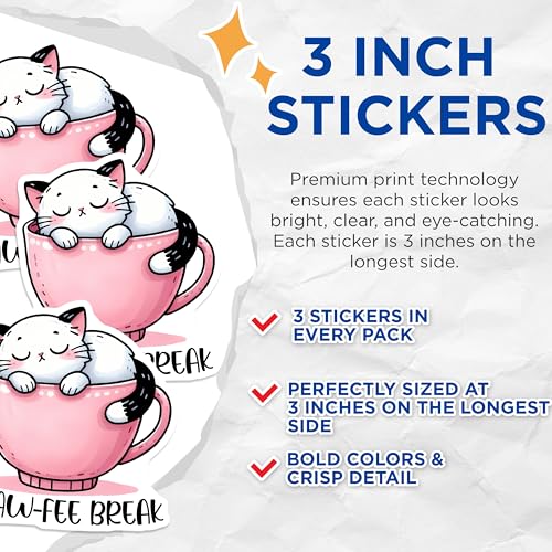 (3 Pack) Cat Laptop Decals - Cute Paw Fee Break Decal - Kitten in Cup Decals - 3 Inches On Longest Side - Easy Peel & Apply - Made in USA - 3MCS2078