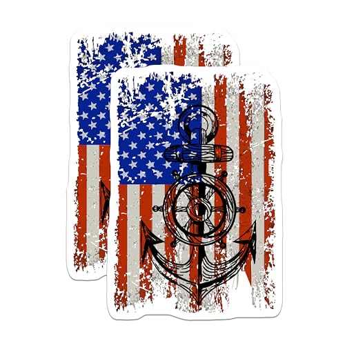 (2 Pack) Nautical Anchor Stickers - American Flag Stickers - USA Patriotic Stickers - 5" On Longest Side - Sticks to Smooth Flat Surfaces - Made in USA - BMCS5211