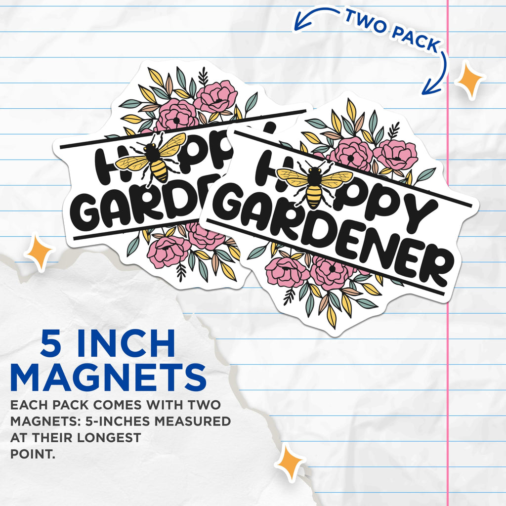(2 Pack) Happy Gardener Magnets - Floral Bee Illustration - Gardening Enthusiast Decor - 5" On Longest Side - Premium Magnet - for Cars, Refrigerators, Toolboxes, Lockers - Made in USA - MAG18015