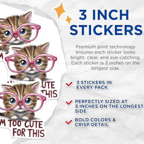 (3 Pack) Kitten with Glasses Decals - Funny Cat - Laptop Decal - 3 Inches On Longest Side - Easy Peel & Apply - Made in USA - 3MCS7674