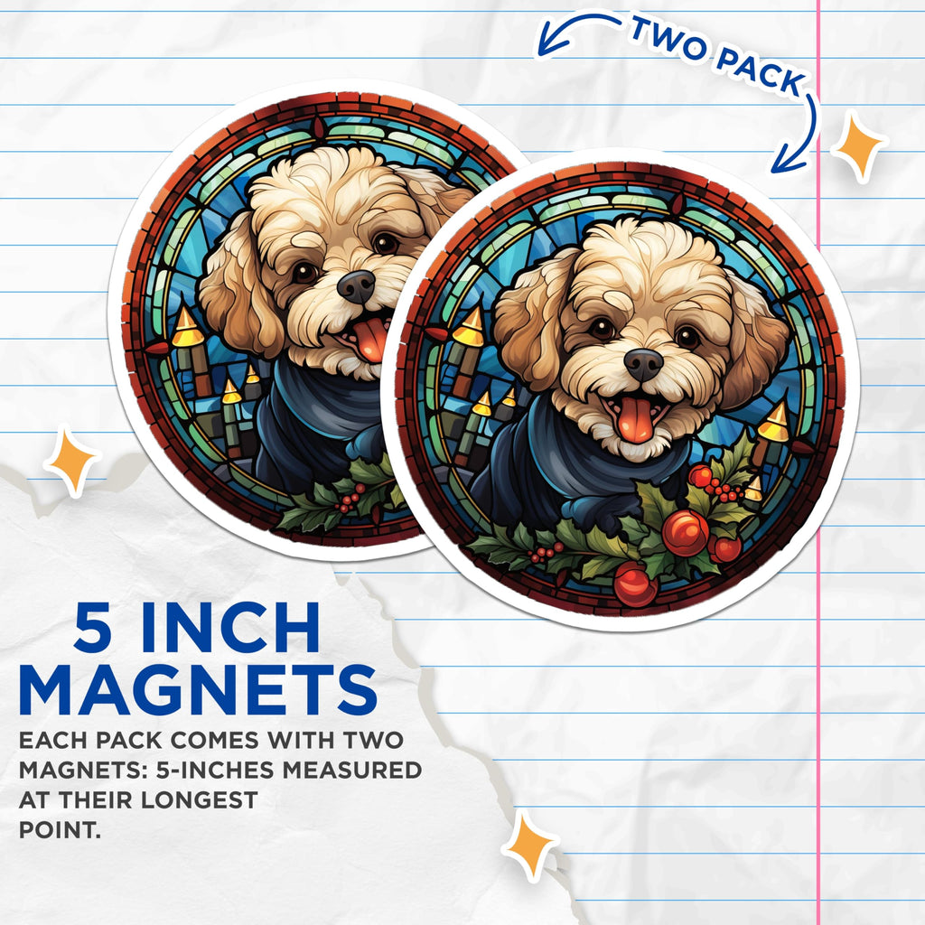 (2 Pack) Fluffy Christmas Dog Magnets - Stained Glass Puppy Art - Holiday Refrigerator Decor - 5 Inches On Longest Side - Thick Durable Magnet - Made in USA - MAG28508