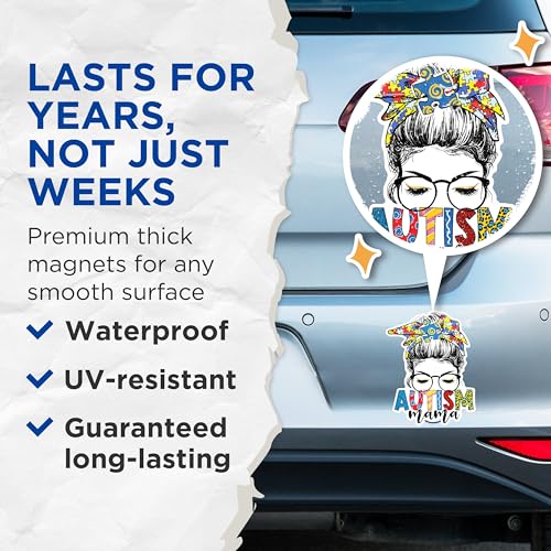 (2 Pack) Autism Mama Magnets - Awareness Magnets - Puzzle Piece Magnets- 5" On Longest Side - for Fridges, Toolboxes, Cars - Made in USA - MAG2952