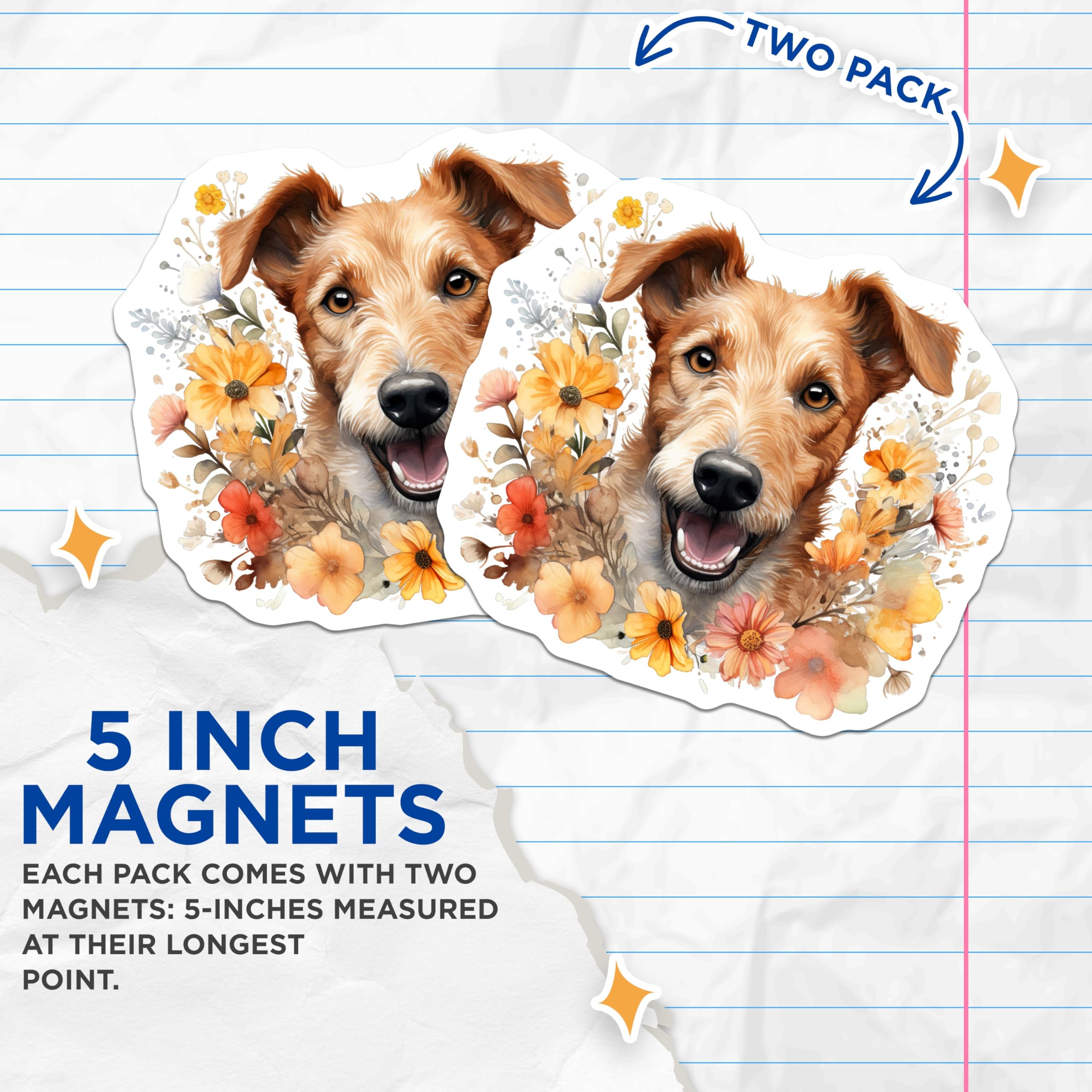 (2 Pack) Happy Dog Magnets - Watercolor Floral Canine Portrait Art - Cheerful Animal Lover Refrigerator Accents - 5 Inches On Longest Side - Thick Durable Magnet - Made in USA - MAG24539
